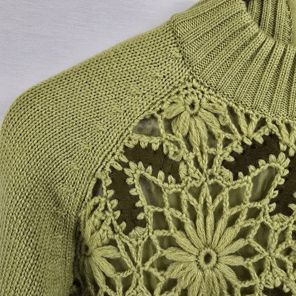 Vintage Suede Wool Crochet Mock Neck Sweater Floral Embroidered - Picture 6 of 12